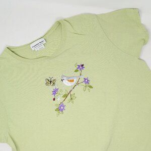 Country Store Embroidered Bird Butterfly Lady Bug Flower T Shirt Women Large Gre